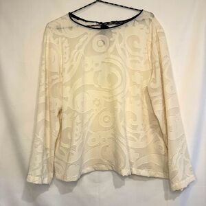 LOFT Blouse Womens L Ivory Floral Textured w/ Black Trim Toe Back Sheer Blouse